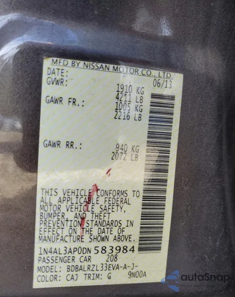 2013 Nissan Altima 2.5 z USA, uszkodzony, nr VIN 1N4AL3AP0DN583984